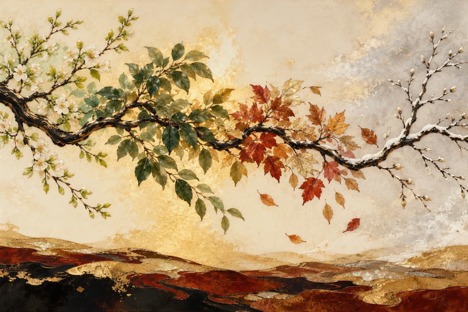 An artistic illustration of leaves from four seasons on the same branch, from spring green to autumn yellow and bare winter twigs.