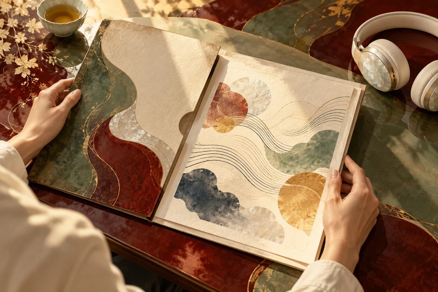 An open personal report, headphones and a teacup illustrate the journey from a Five Elements interpretation to a sound experience.