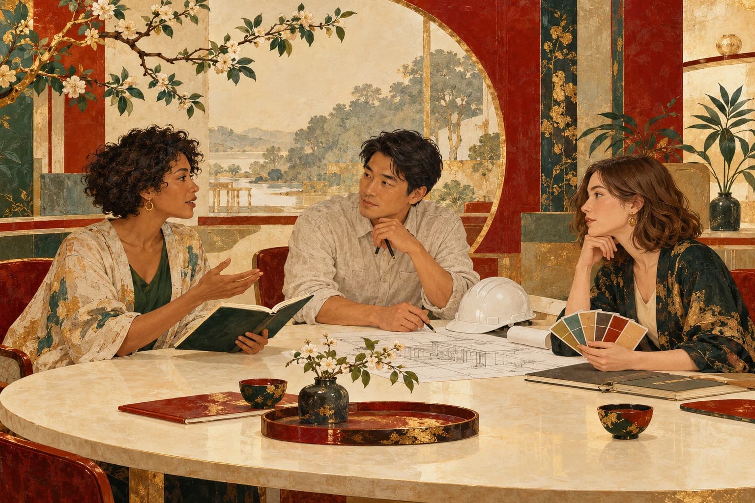 Three people sit together in conversation, with notebooks and an open report on the table.