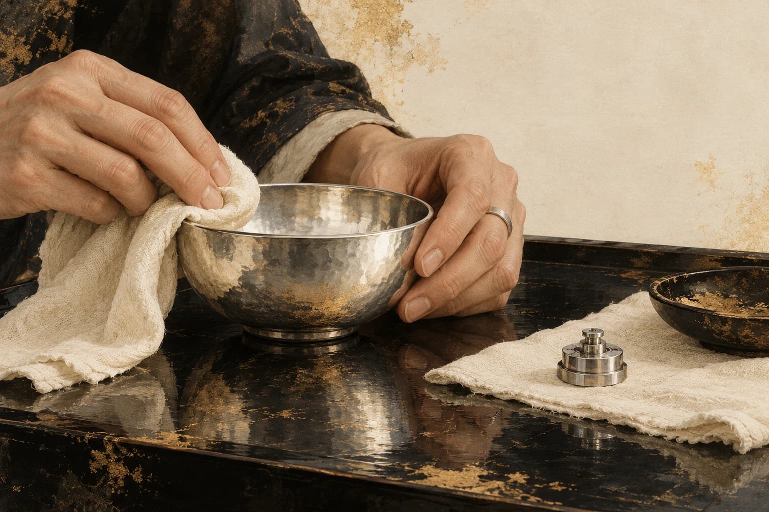 A hand wipes a silver-colored metal bowl with a soft cloth, with metal parts beside it.