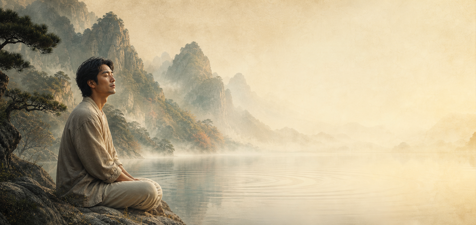A person listening quietly in a mountain landscape at first light
